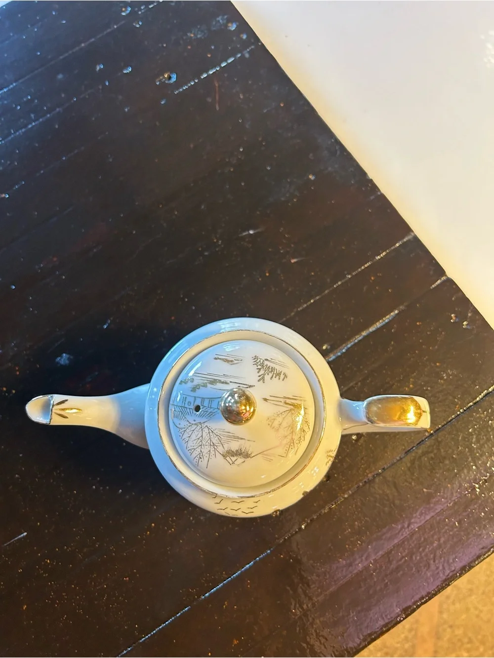 White Porcelain Teapot with Gold Scenic Accents